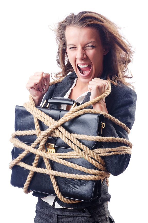 Businesswoman tied with rope on white